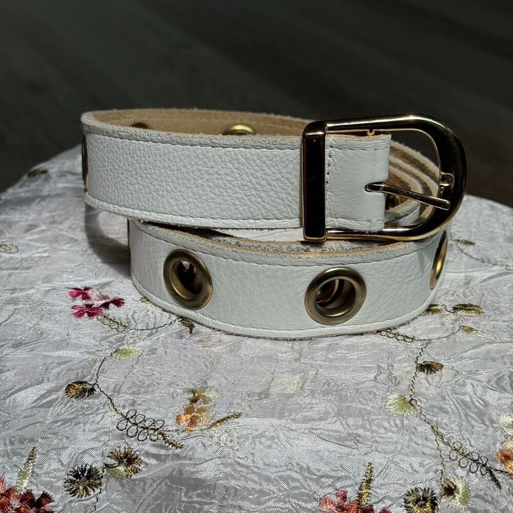 Bebe Genuine Leather White Grommet Belt Women's Gold Hardware Y2K Statement L 43